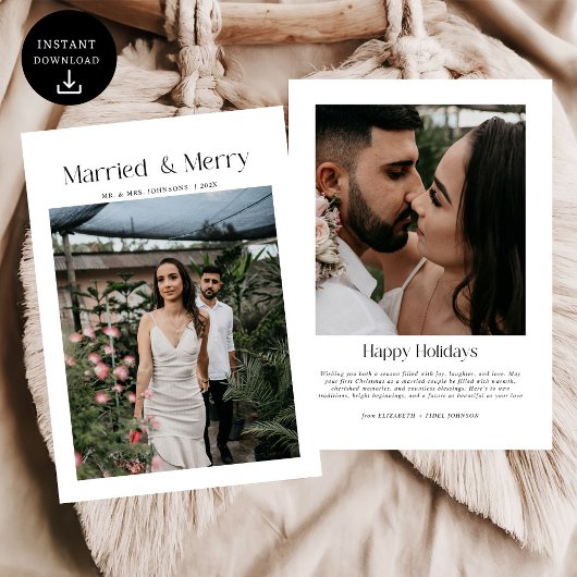 Minimal Married & Merry Christmas Photo Newlyweds シーズンカード