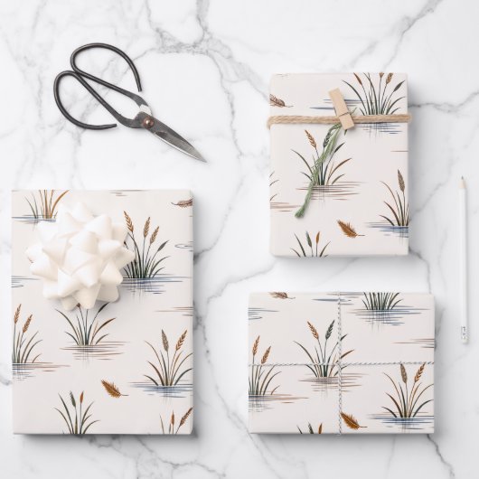 Minimal Marsh Grass Water Ripple Feather Pattern ラッピングペーパーシート (正面)