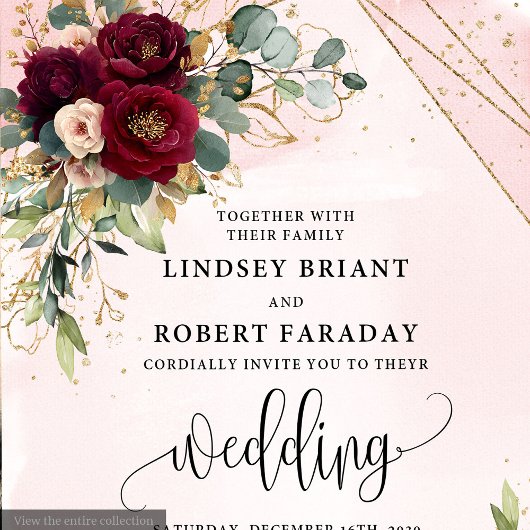 Minimal Merlot Gold Blush Flowers Modern Wedding  招待状