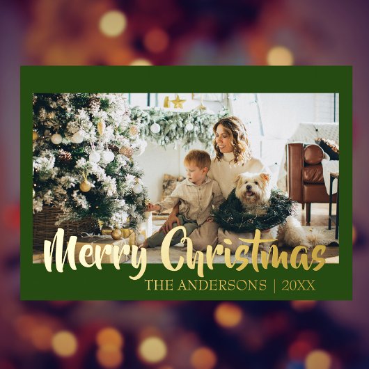 Minimal Merry Christmas Forest Green Photo Family 箔シーズンカード