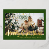 Minimal Merry Christmas Forest Green Photo Family 箔シーズンカード (正面)
