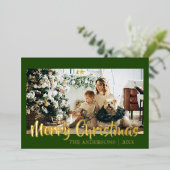 Minimal Merry Christmas Forest Green Photo Family 箔シーズンカード (立ち正面)