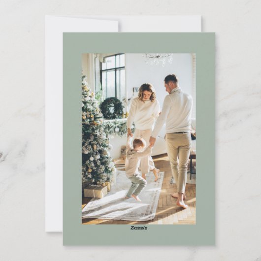 Minimal Merry Christmas Script Photo Collage Sage シーズンカード (裏面)