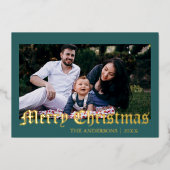 Minimal Merry Christmas Teal Photo Family 箔シーズンカード (正面)