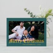 Minimal Merry Christmas Teal Photo Family 箔シーズンカード (立ち正面)