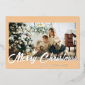 Minimal Merry Christmas Warm Peach Photo Family 箔シーズンカード (正面)