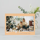 Minimal Merry Christmas Warm Peach Photo Family 箔シーズンカード (立ち正面)
