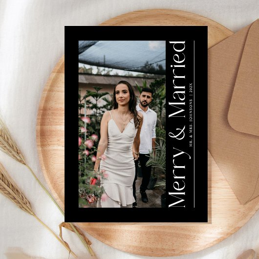 Minimal Merry & Married Christmas Photo Newlyweds シーズンカード