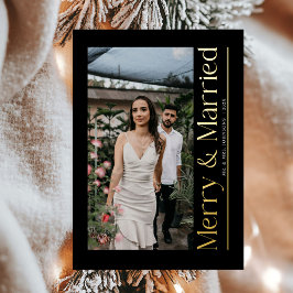 Minimal Merry & Married Christmas Photo Newlyweds 箔シーズンカード