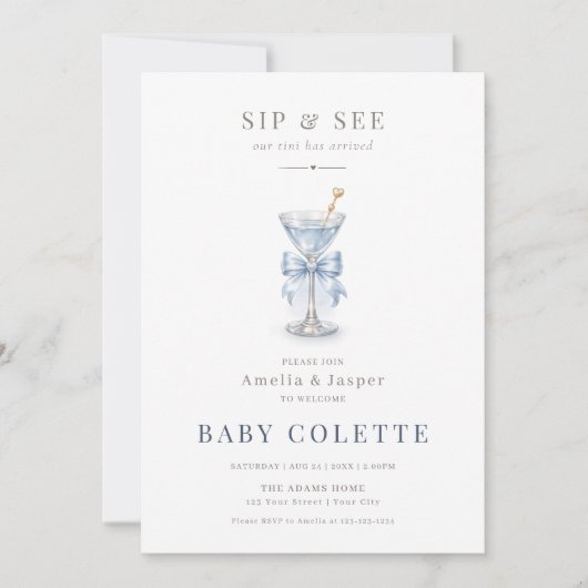 Minimal Modern A Tini One Blue Boy Sip & See 招待状 (正面)