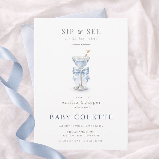 Minimal Modern A Tini One Blue Boy Sip & See 招待状