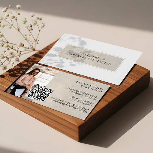Minimal Modern Beige Stone texture Photo QR Code 名刺