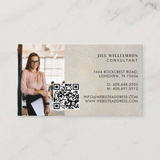 Minimal Modern Beige Stone texture Photo QR Code 名刺 (正面)