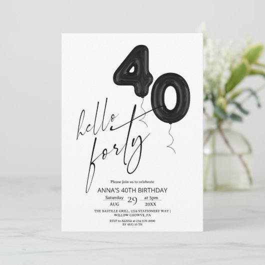 Minimal Modern Black White 40th Birthday 招待状 (スタンド正面)