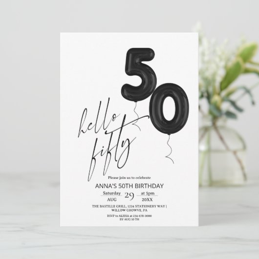Minimal Modern Black White 50th Birthday 招待状 (スタンド正面)
