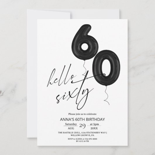 Minimal Modern Black White 60th Birthday  招待状 (正面)