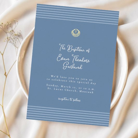 Minimal modern blue baptism Foil Invitation 箔招待状