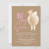 Minimal Modern Brown Pink Bear Balloon Baby Shower 招待状 (正面)