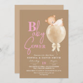 Minimal Modern Brown Pink Bear Balloon Baby Shower 招待状 (正面/裏面)