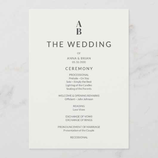 Minimal Modern Civil Wedding Program プログラム (正面)