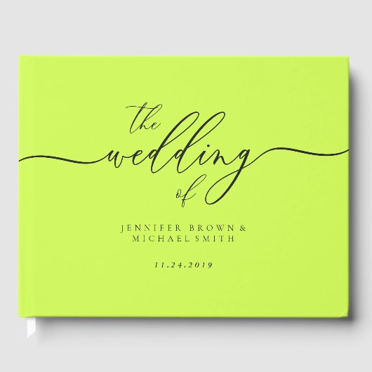 Minimal Modern Cyber Lime Jet Black Wedding Guest ゲストブック (正面)