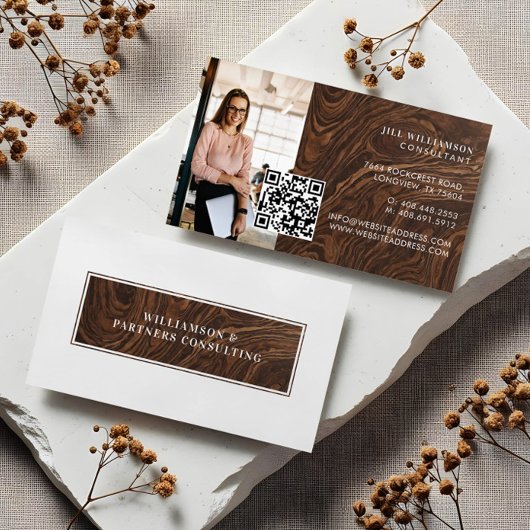 Minimal Modern Elegant Woodgrain Photo QR Code 名刺