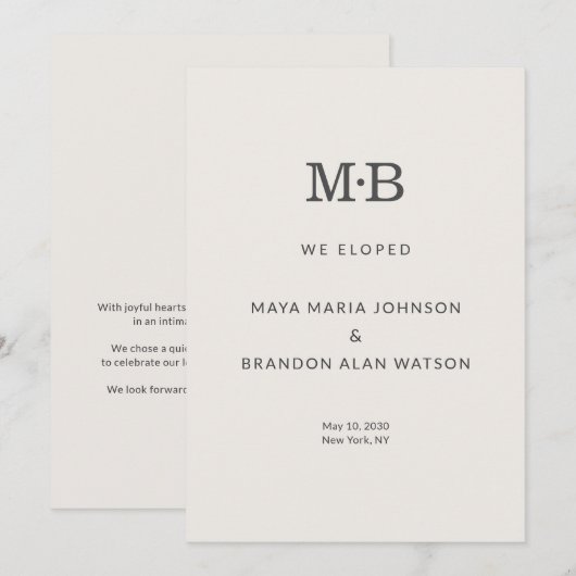 Minimal Modern Elopement Announcement Card 招待状 (正面/裏面)