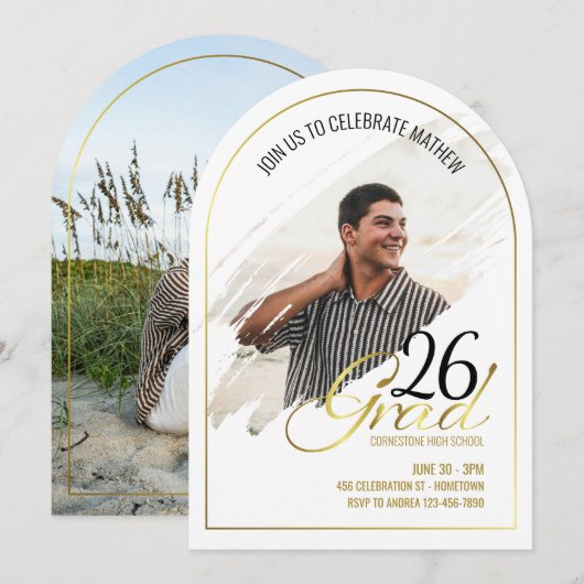 Minimal Modern Faux Gold Arch Photo Grad Party  招待状 (正面/裏面)