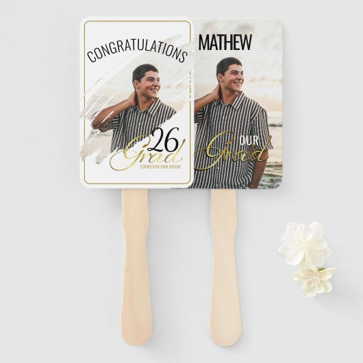 Minimal Modern Faux Gold Frame Photo Grad Party  ハンドファン (正面&裏面)