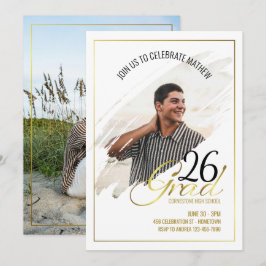 Minimal Modern Faux Gold Frame Photo Grad Party  招待状