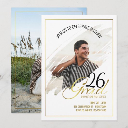 Minimal Modern Faux Gold Frame Photo Grad Party  招待状 (正面/裏面)
