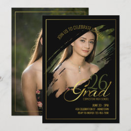 Minimal Modern Faux Gold Frame Photo Grad Party  招待状
