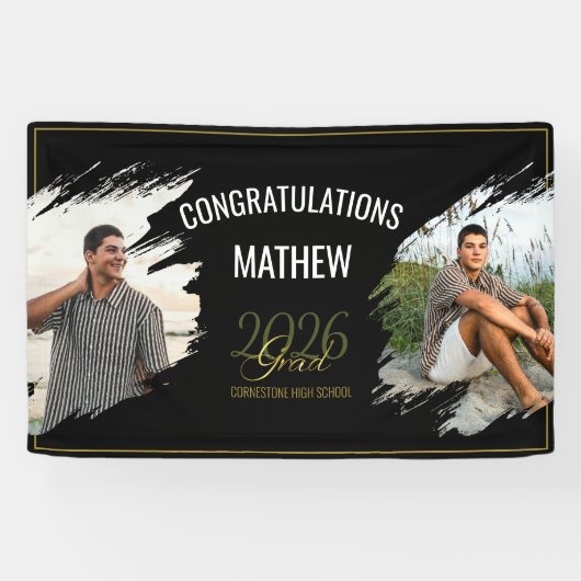 Minimal Modern Faux Gold Two Photo Grad Party  横断幕 (横)