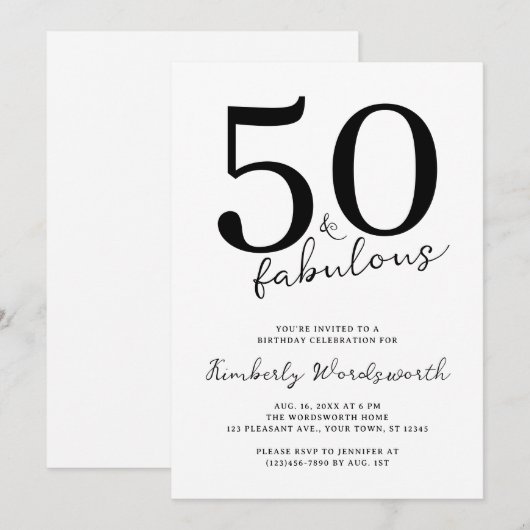 Minimal Modern Fifty and Fabulous 50th Birthday 招待状 (正面/裏面)