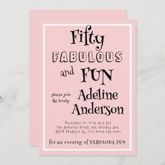 Minimal Modern Fifty Fabulous Fun Pink 50 Birthday 招待状 (正面/裏面)