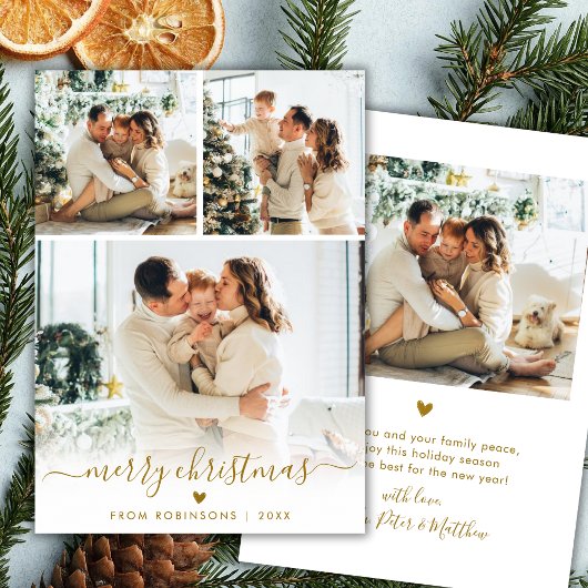 Minimal Modern Gold Script 4 Photo Merry Christmas シーズンカード