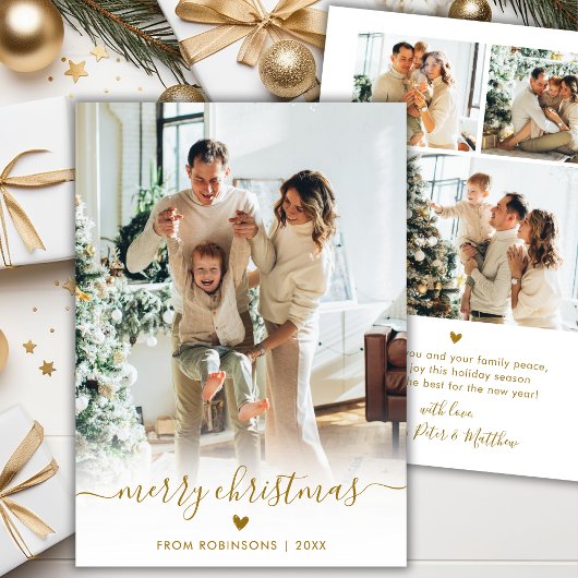 Minimal Modern Gold Script 4 Photo Merry Christmas シーズンカード