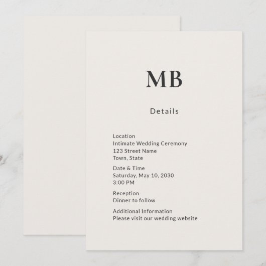 Minimal Modern Micro Wedding Details Card 招待状 (正面/裏面)