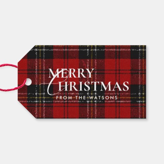 Minimal Modern Red Plaid Script Christmas ギフトタグ (裏面横)