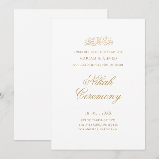 Minimal Modern Simple Gold Script Nikah Ceremony 招待状 (正面/裏面)