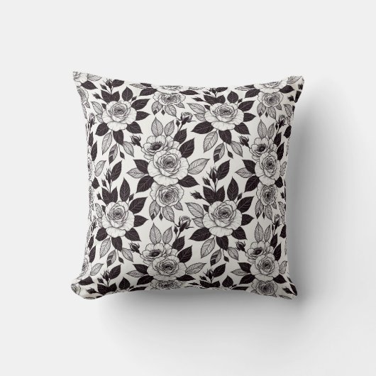 Minimal Monochrome Line Art Roses クッション (正面)