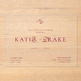 Minimal Monogram Deep Burgundy Script Wedding アクリル招待状