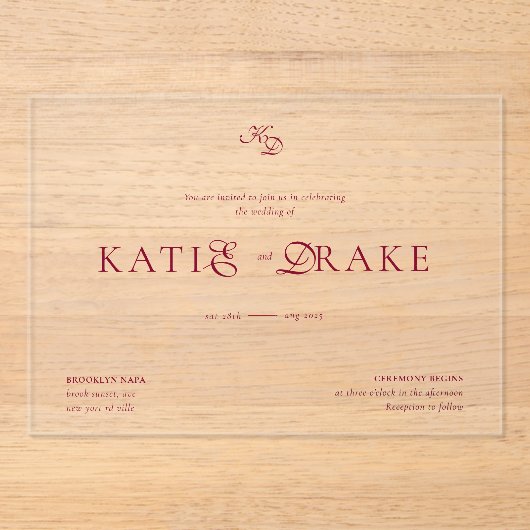 Minimal Monogram Deep Burgundy Script Wedding アクリル招待状 (正面)