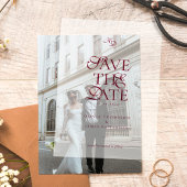 Minimal Monogram Deep Burgundy Script Wedding ベラム紙招待状