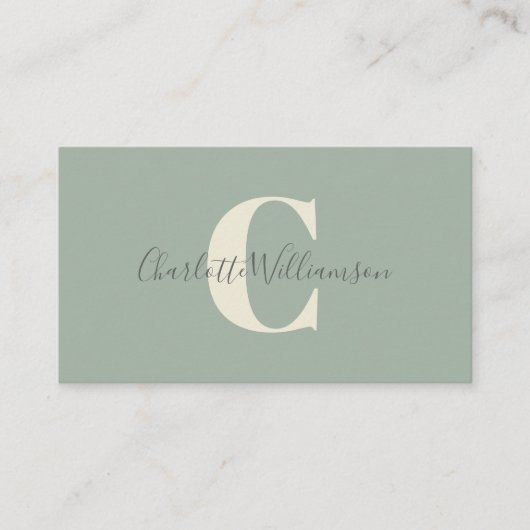 Minimal Monogram Initial Sage Green Elegant Script 名刺 (正面)