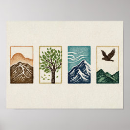 Minimal Nature Set – Mountain & Tree Art ポスター