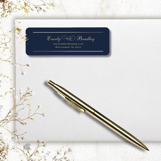 Minimal Navy Background Gold Script Elegant Return ラベル