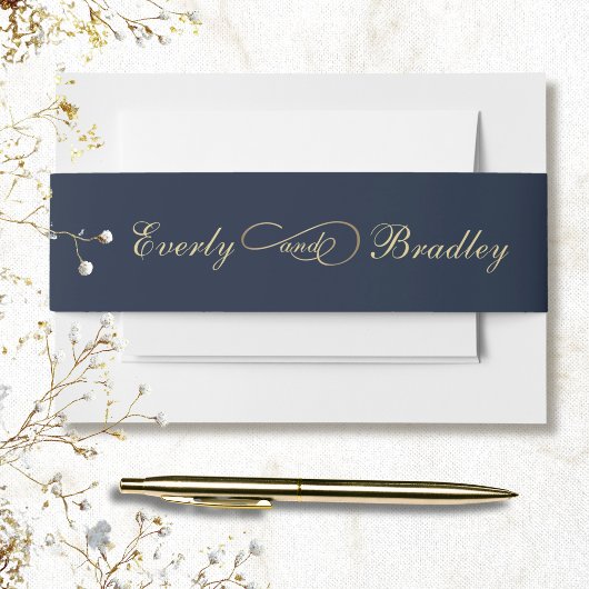 Minimal Navy Background Gold Script Elegant Return 招待状ベリーバンド