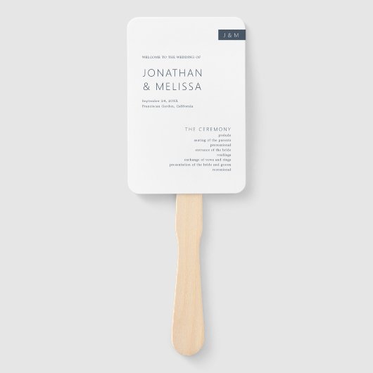 Minimal Navy Blue & White Monogram Wedding Program ハンドファン (正面)