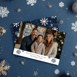 Minimal Navy Snowflake Accent Christmas Photo シーズンカード